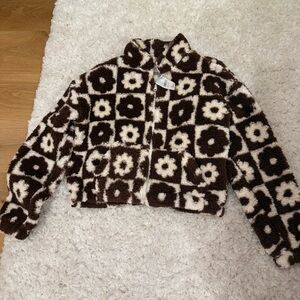 PacSun Brown and Cream Floral Check Teddy Jacket